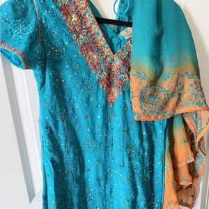Stunning Embroidered Teal and Orange Kurta with Patiala shalwar